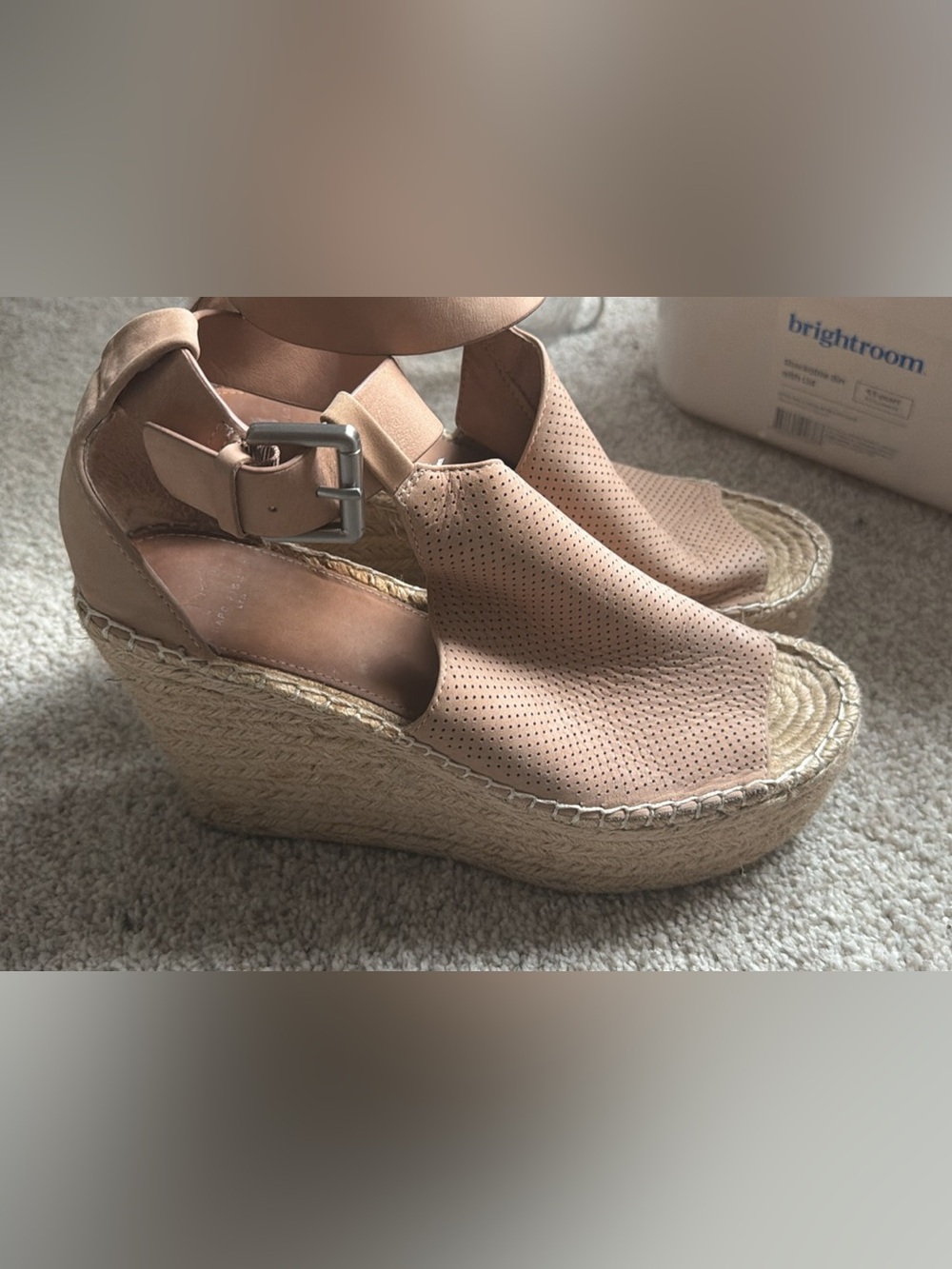 Marc Fisher Tan Espadrille Perforated Wedge Sandals with Ankle Buckle